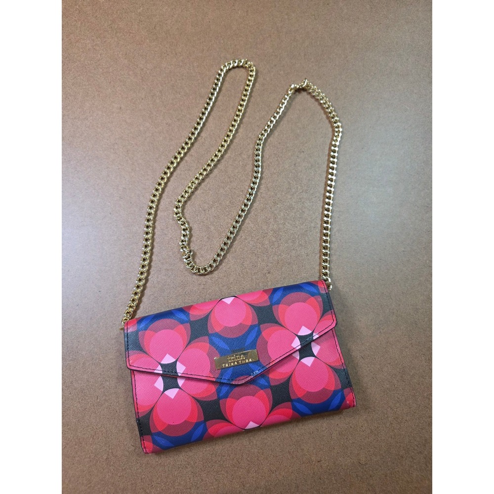 Trina Turk Crossbody Wallet Bag Pink Floral Geometric Saffiano Gold Chain Strap